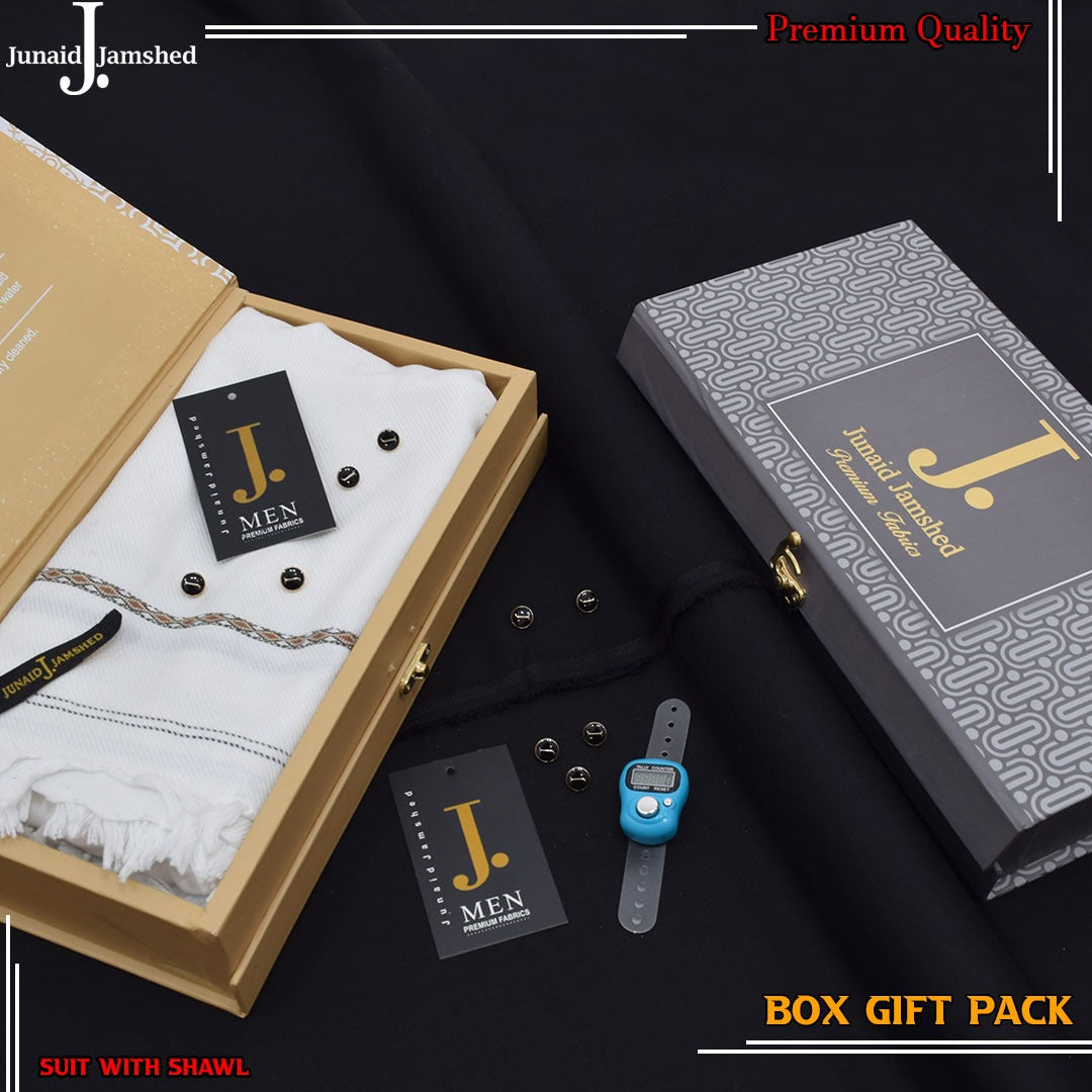 Elite Black--Junaid Jamshed Premium Wash N Wear  Men’s Suit Gift Pack – With  Wool Shawl